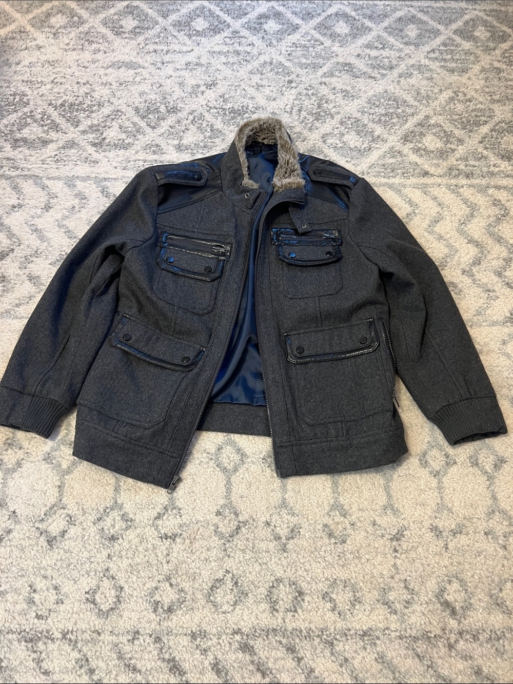 INC International Concepts Charcoal Field Jacket with Faux Fur Trim